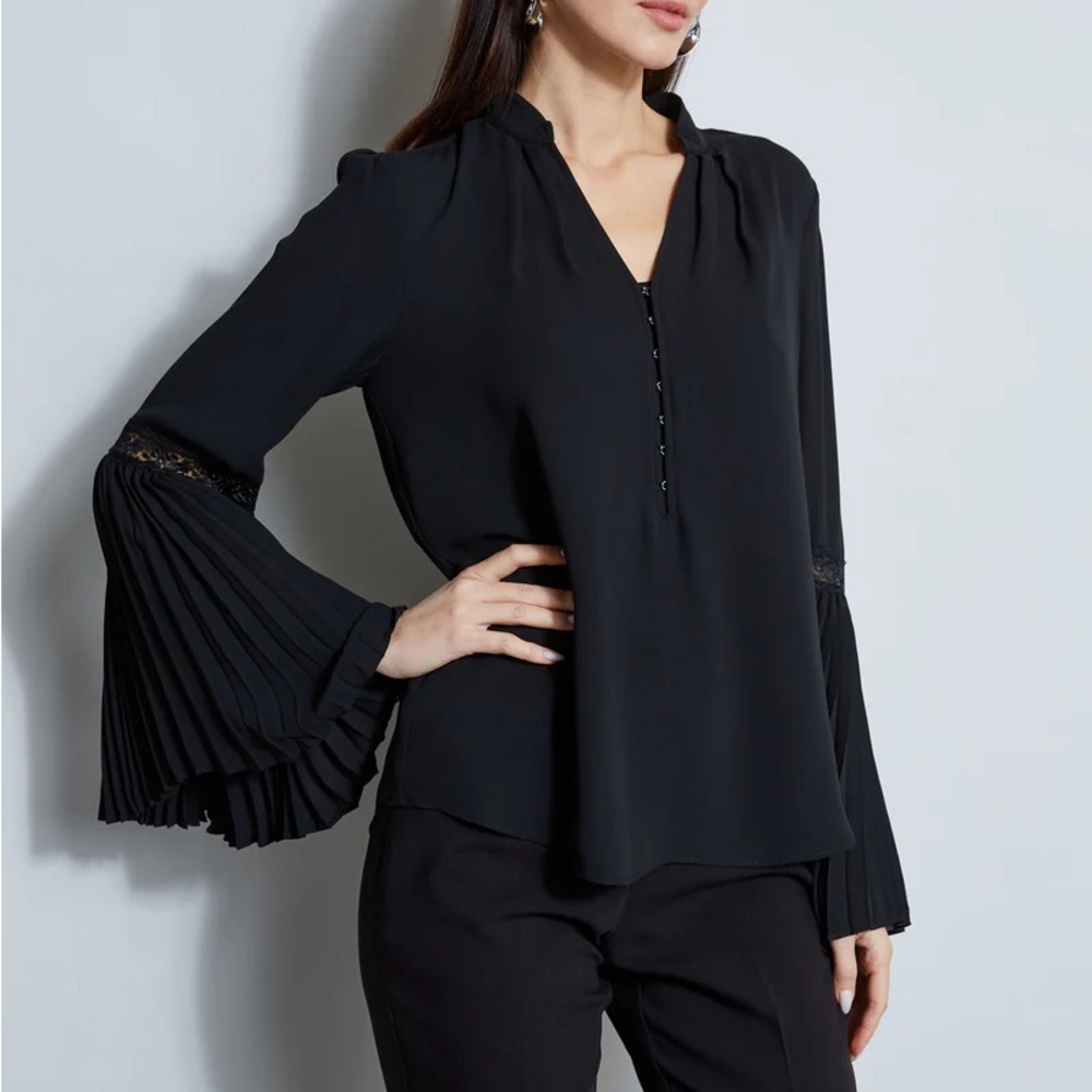 White House Black Market Black Blouse with Pleated Sleeves